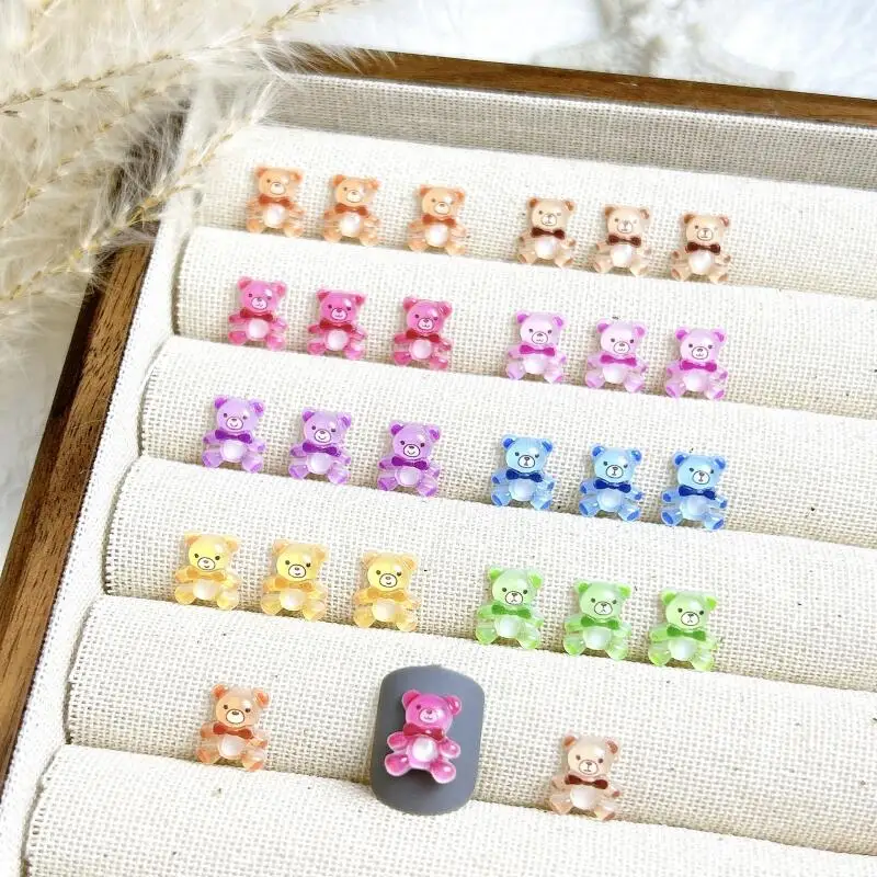 30PCS Colorful Resin Tie Bears Nail Charms Translucent Cute Bears Nail Art Decorations for Making DIY Manicure Accessories