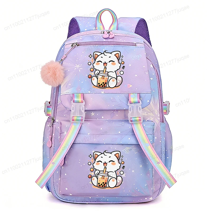 School Backpack Cat Bubble Boba Tea Anime Cute Kawaii Rucksack for Girls Boys Casual School Backpack Bag Children Schoolbag