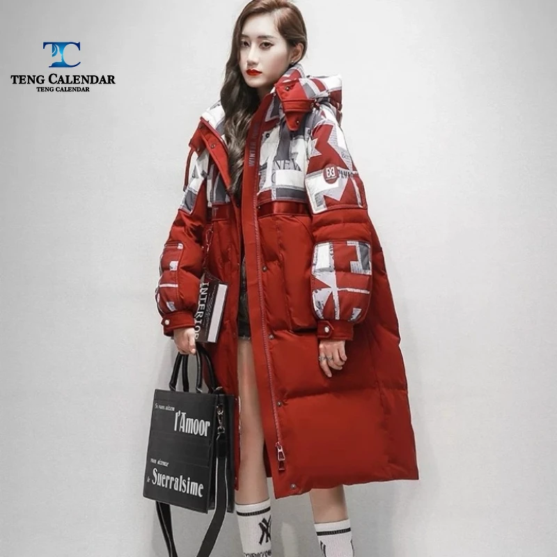 Farbblockierte Winter-Daunenjacke, mittlere bis lange, knielange, lockere und dicke Schlankheitsjacke, neues Modell für Damen 2025,