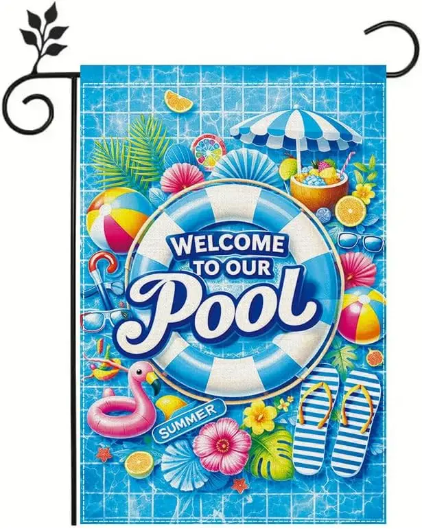 Summer Pool Party Garden Flag, 12x18 Inch Outdoor Decor with Welcome Inflatable Ring Float, Colorful Flamingo Beach Ball Dec ZZM