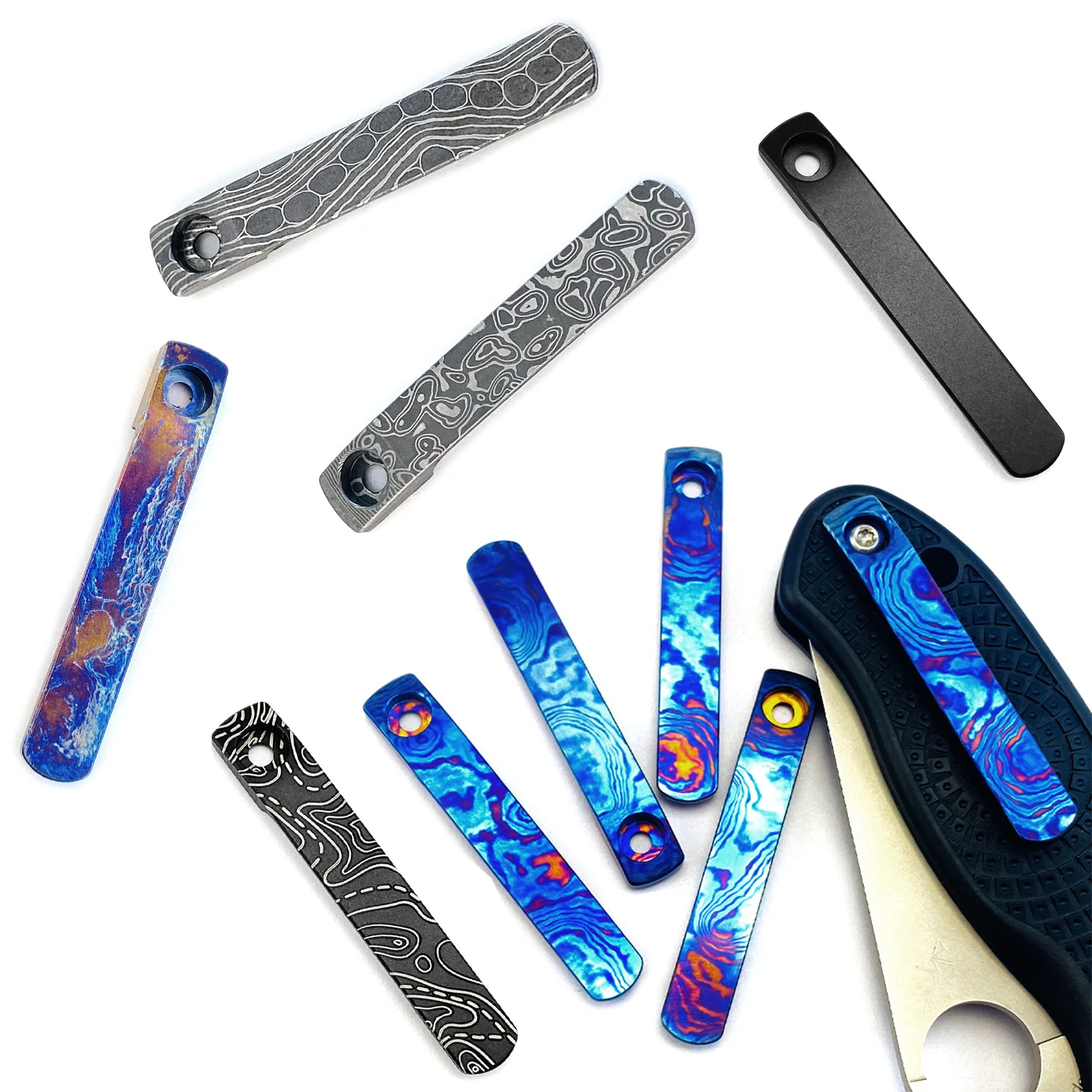 CNC Timascus Made Damascus Pattern Titanium Pocket Clip Clamp for Spyderco Para 3 Sage5 LW Lightweight Dragonfly SpydieChef Sire