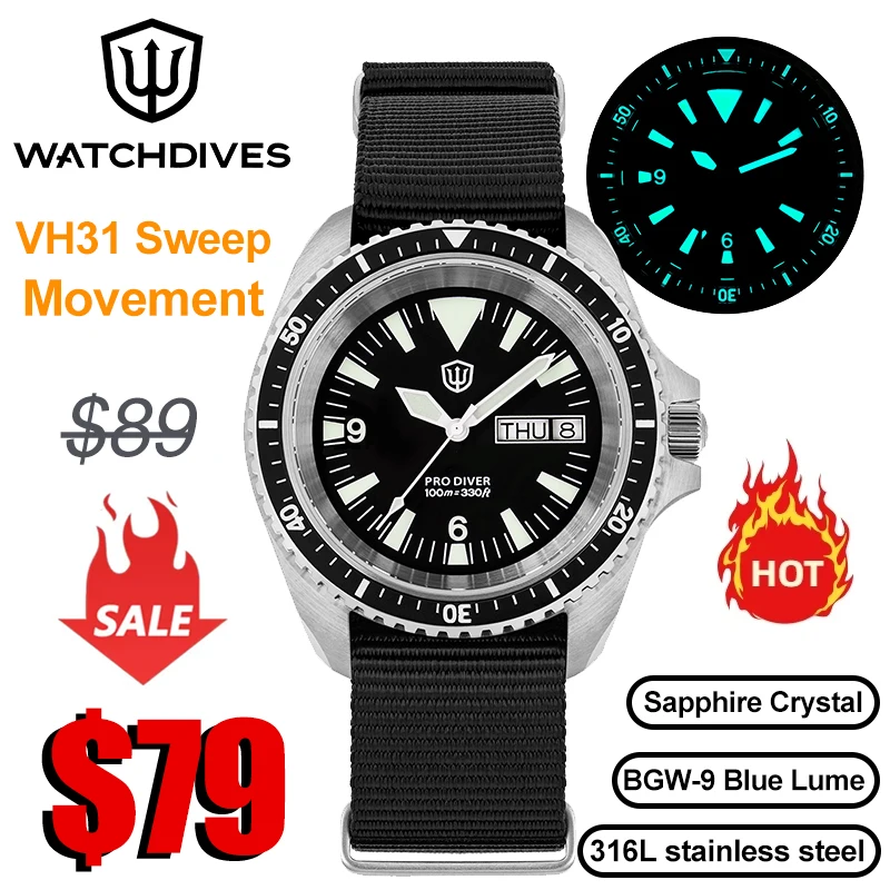 Watchdives WD1980 V3 Watch VH31 Sweep Seconds Movement Sapphire Glass BGW9 Luminous 10Bar Waterproof 39mm Military Watches