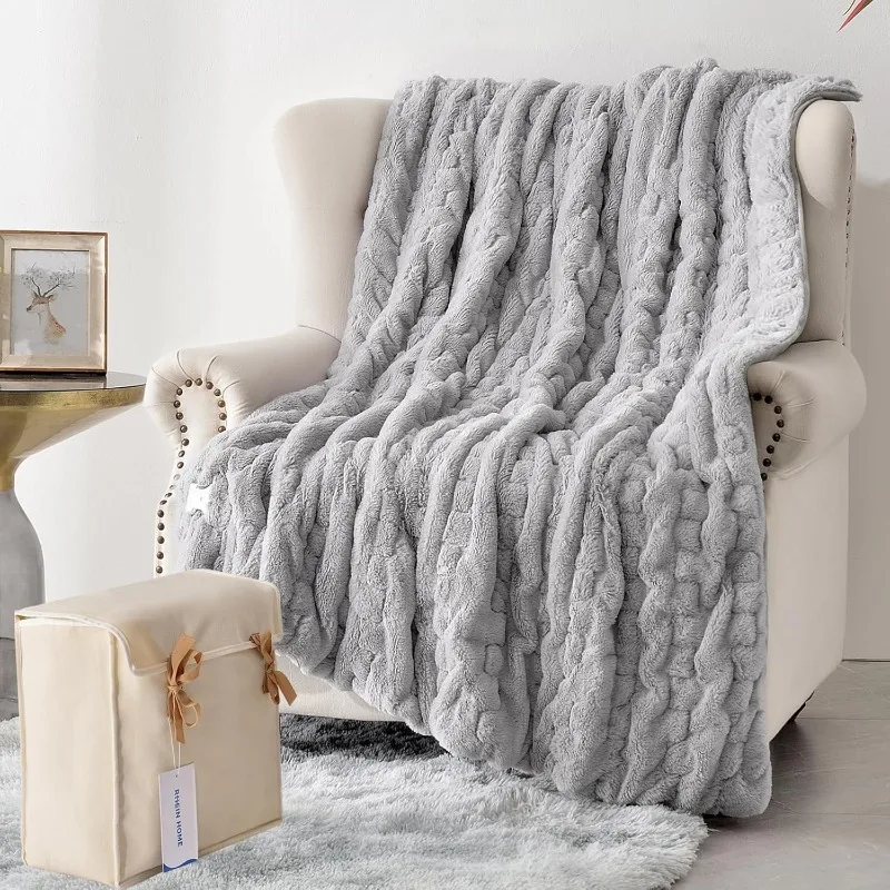 Electric Throw Blanket, Grey Electric Heated Blanket with Gift Bag Washable Faux Fur Heating Throw