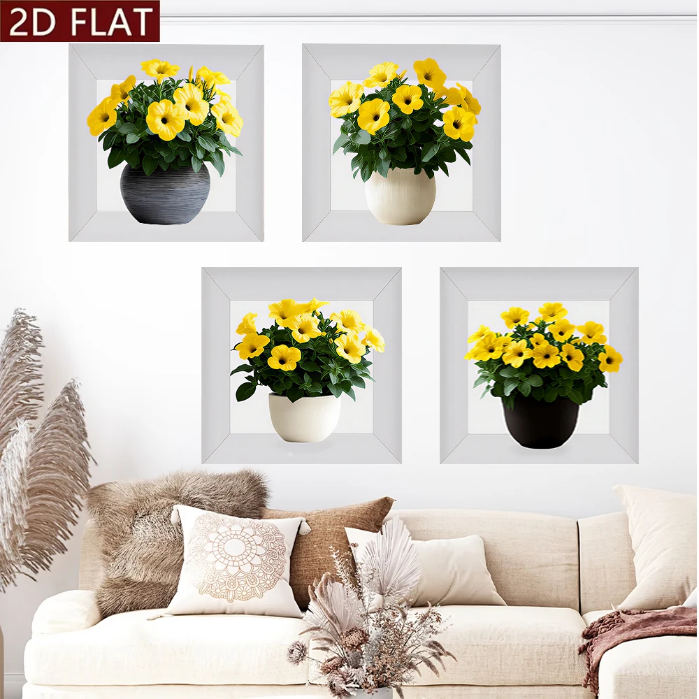 1 set of four link frameless wall sticker decorative paintings, modern and simple yellow flower potted plants, living room, bedr