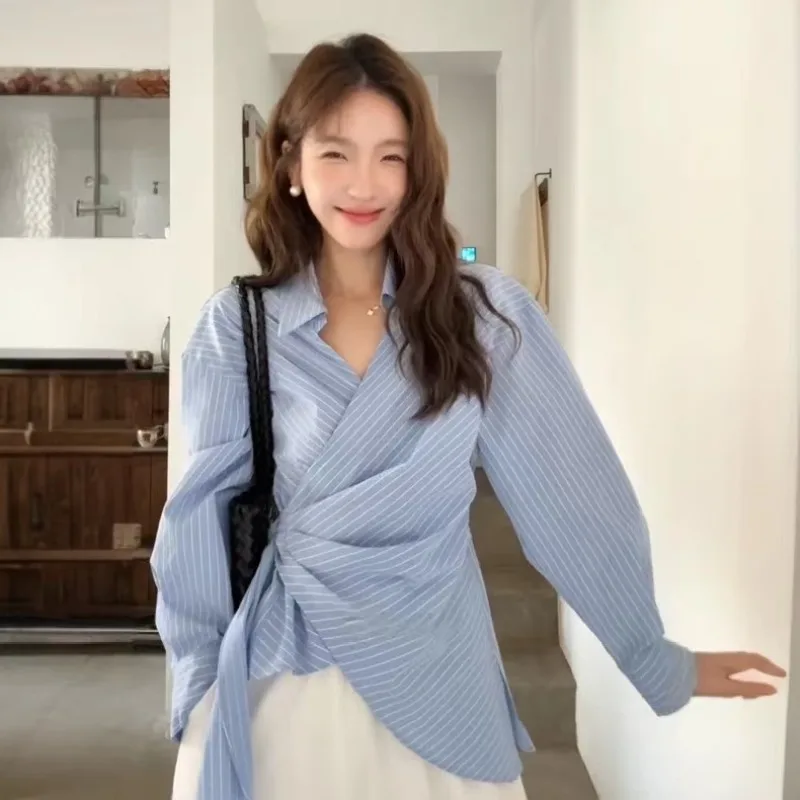 

Spring Summer Casual Striped Shirt Women Blouses Fashion Female Long Sleeve Loose Lace Up Blouse Tops Office Lady Shirts