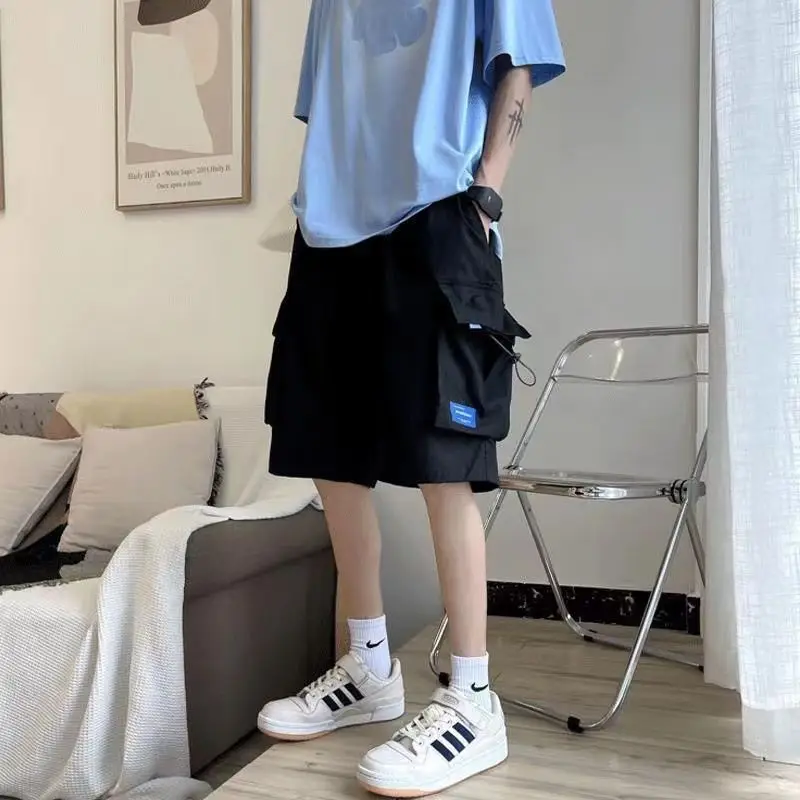 American Retro Cargo Shorts Men Summer Loose High Waist Solid Color Big Pockets Fashion High Street Casual Basics Shorts Male