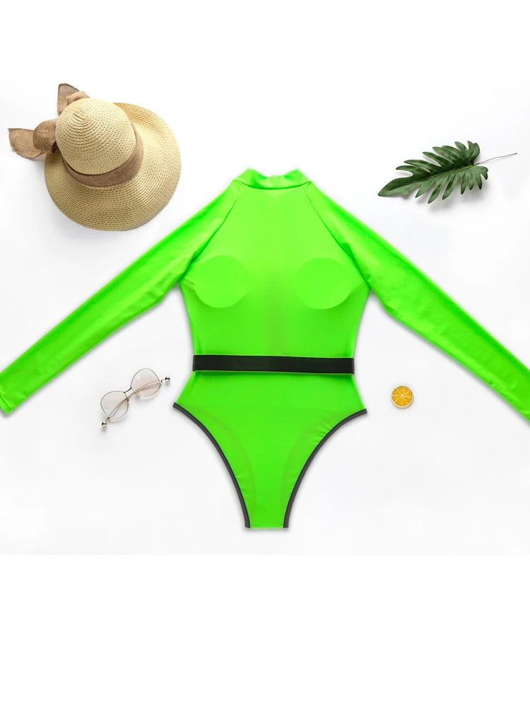 Sexy Zipper Sports One Piece Swimsuit Long Sleeve Neon Swimwear Women Belt Bodysuit High Cut Surf Suits Rash Guard Bathing Suit