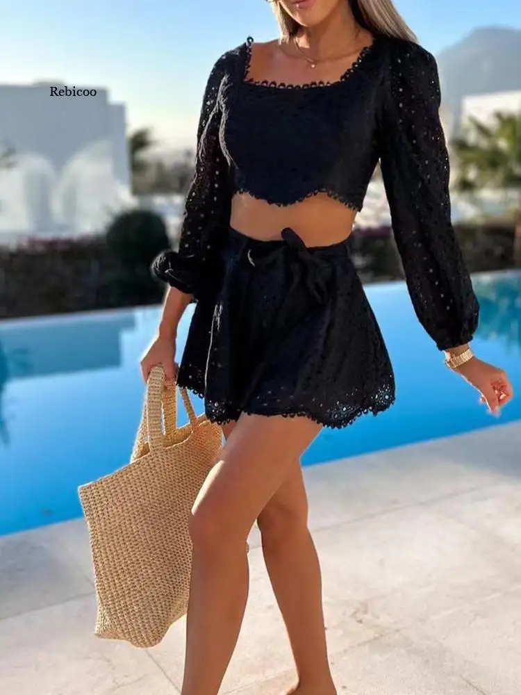 Imagem -06 - Senhora Gola Quadrada Puff Manga Longa Curto Topo de Cintura Alta Rendas até Shorts Praia Solto Feminino Ternos Verão Casual Shorts Sólidos Conjunto