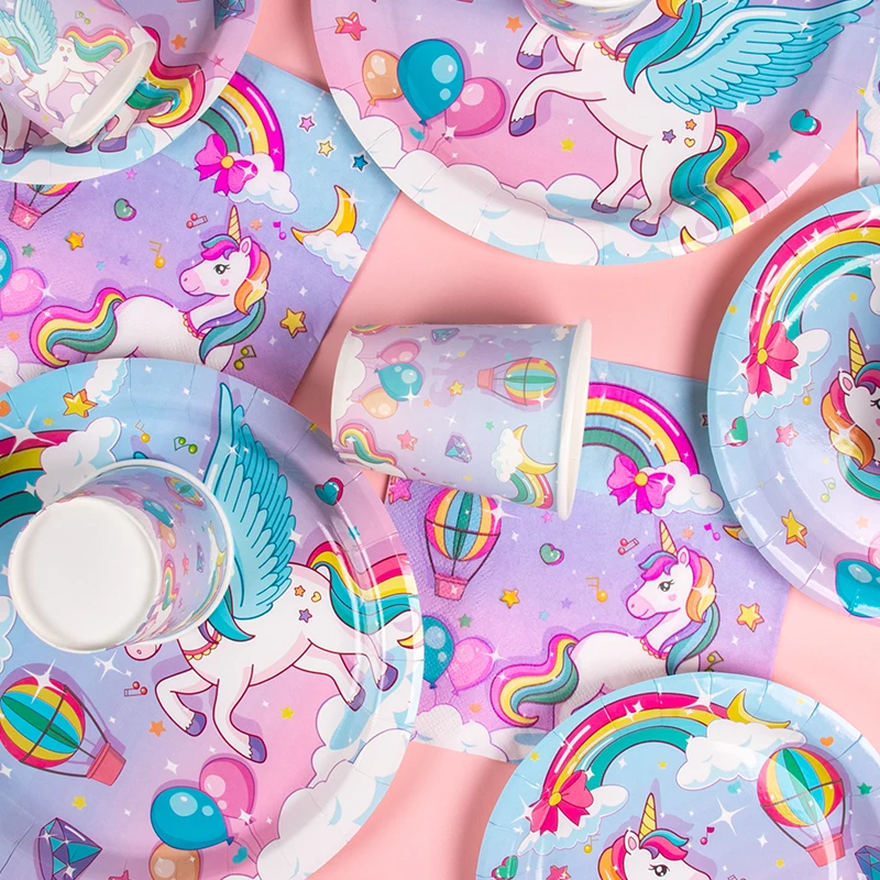 Jednorożec Dekoracje na imprezę Jednorazowa zastawa stołowa Papierowe talerze Kubki Serwetki Urodziny dla dzieci Baby Shower Zaopatrzenie firm — zdjęcie 5