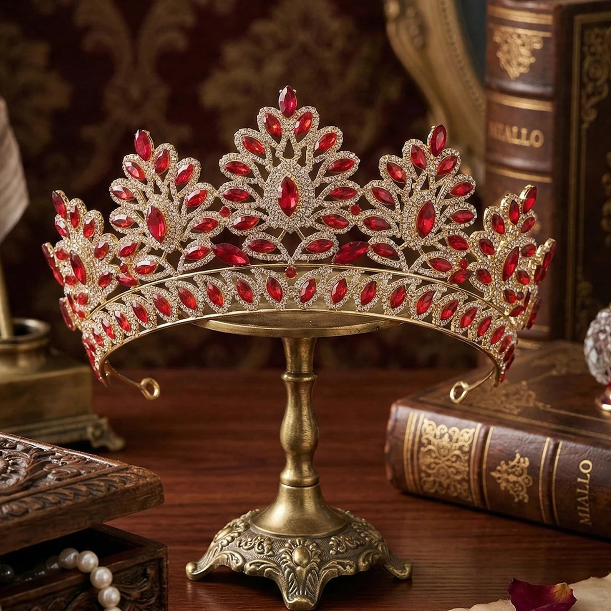 Miallo Luxury Big Red Crystal Beauty Pageant Queen Crowns And Tiaras Elegant Bride Rhinestone Headpiece Wedding Fiesta Jewelry