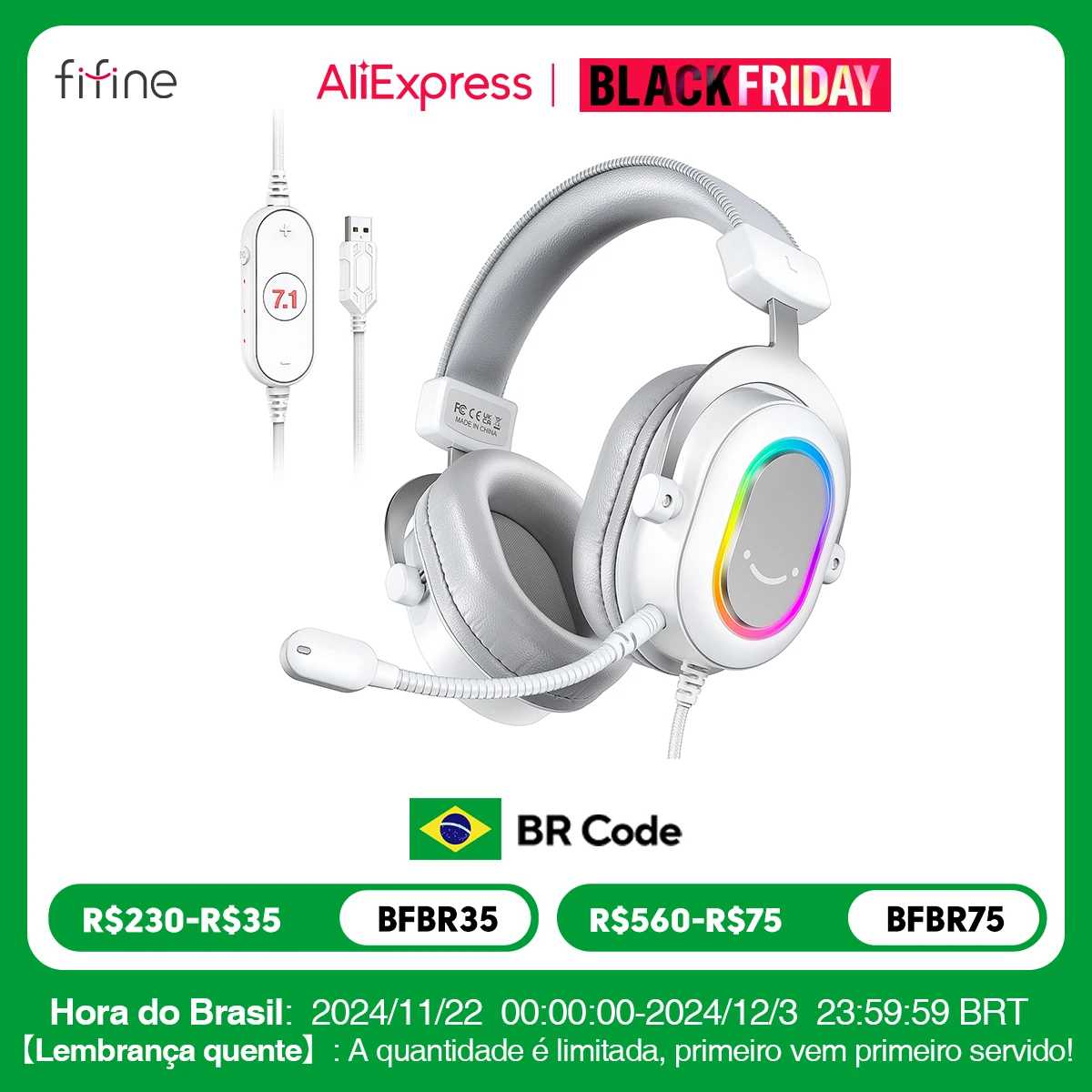 FIFINE RGB 게임용 헤드셋, 7.1 서라운드 사운드, 3-EQ/MIC, 오버 이어 헤드폰, PC PS4 PS5 Ampligame-H6W 인라인 제어 