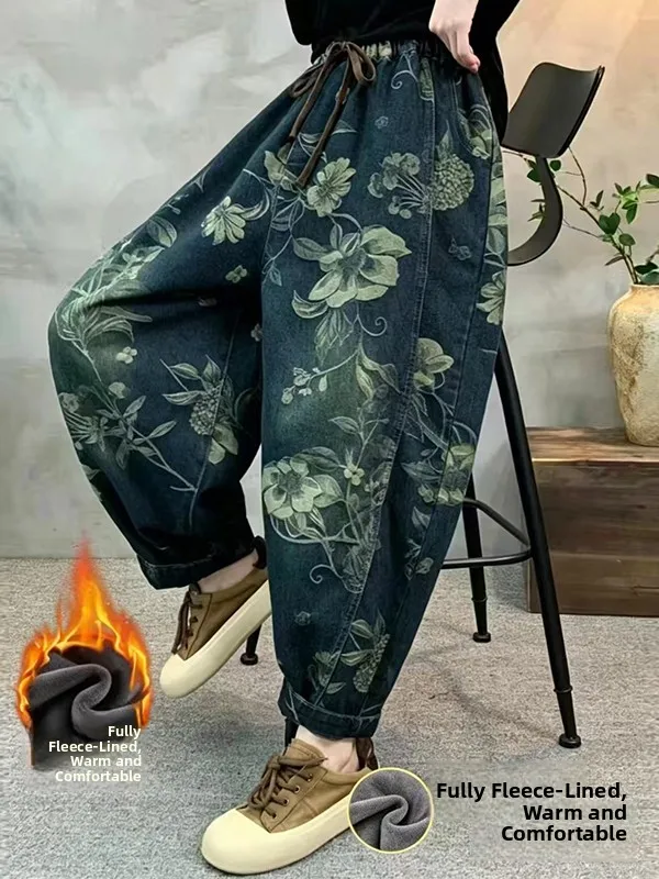 Retro Fleece Lined Thick Denim Jeans Women's Loose Waist Casual Print Dad Harajuku Pants Winter New Style Vintage Style