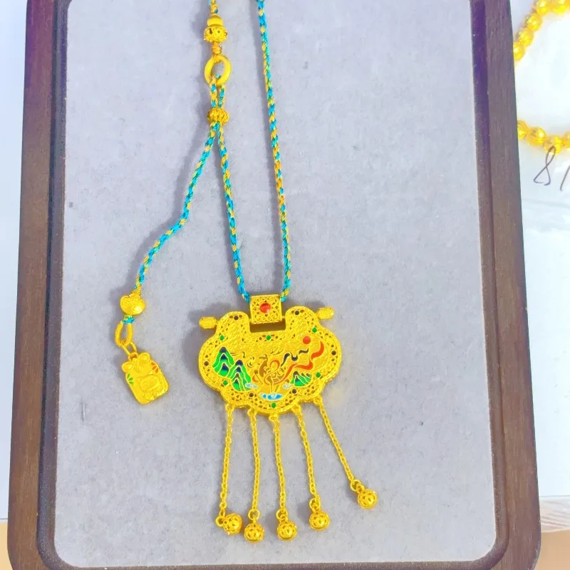 Gold Plated Fade Resistant Traditional Sand Gold Safe Journey Tassel Ruyi Scepter Lariat Necklace Sophisticated Vintage Jewelry