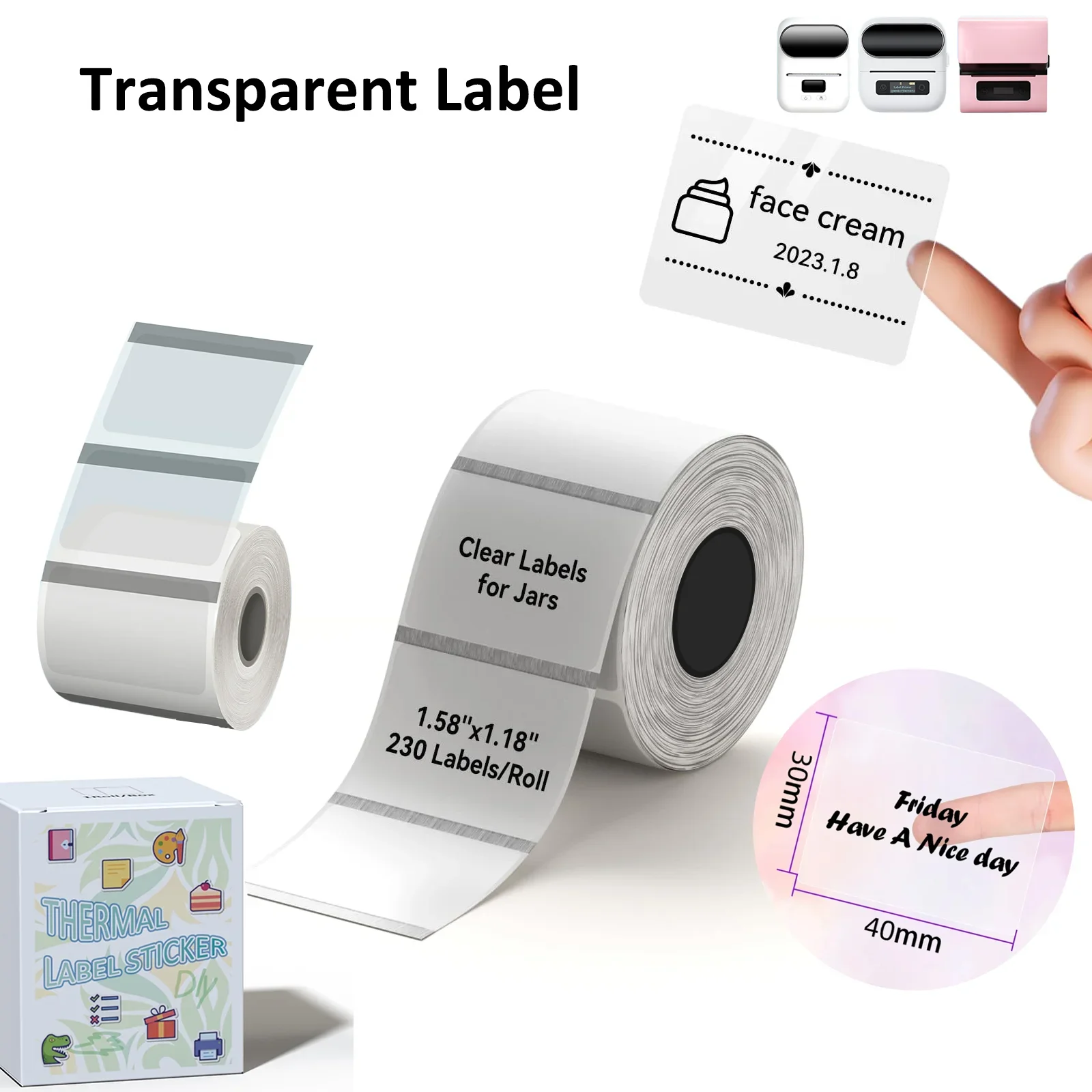 Transparent 40x30mm Printer Label Paper Roll White Sticker Halloween Christmas Label Print Papers Rolls For DIY Logo Barcode