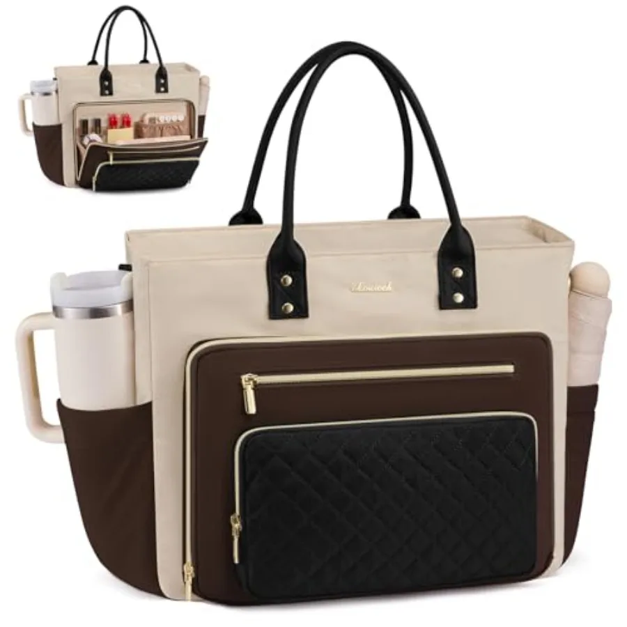 

Laptop Tote Bag for Women: Polyester Black Large Cup Holder Multi-Pockets for Work Teaching Nursing Business Travel 17.3 Inch C
