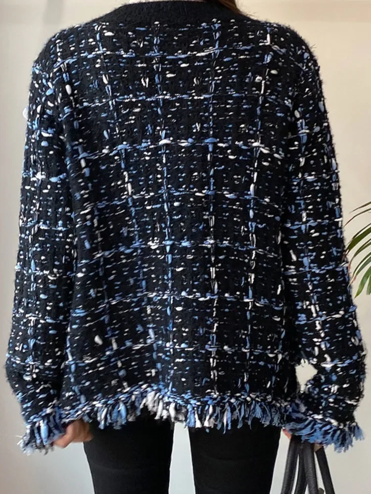 2025 chaqueta de retales con borlas Vintage, abrigo holgado de un solo pecho con cuello en V de Color contrastante, moda informal para mujer