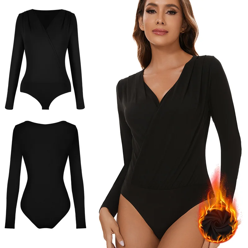 

Women Solid Deep V-Neck Bodysuit Long Sleeve Ribbed Shapewear Thong Body Shaper Sexy Slim Fit Jumpsuit