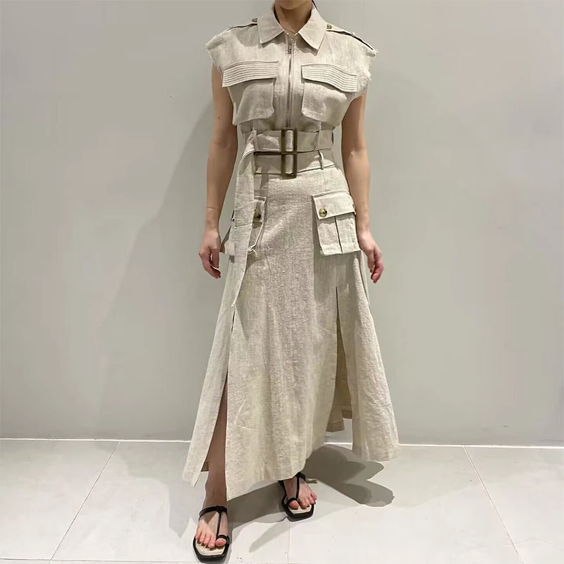 

Korean Sle Chic Summer Vintage ort Workwear Vest Jaet Belted High Waist Split Skirt Set Versatile Faionable Cott...