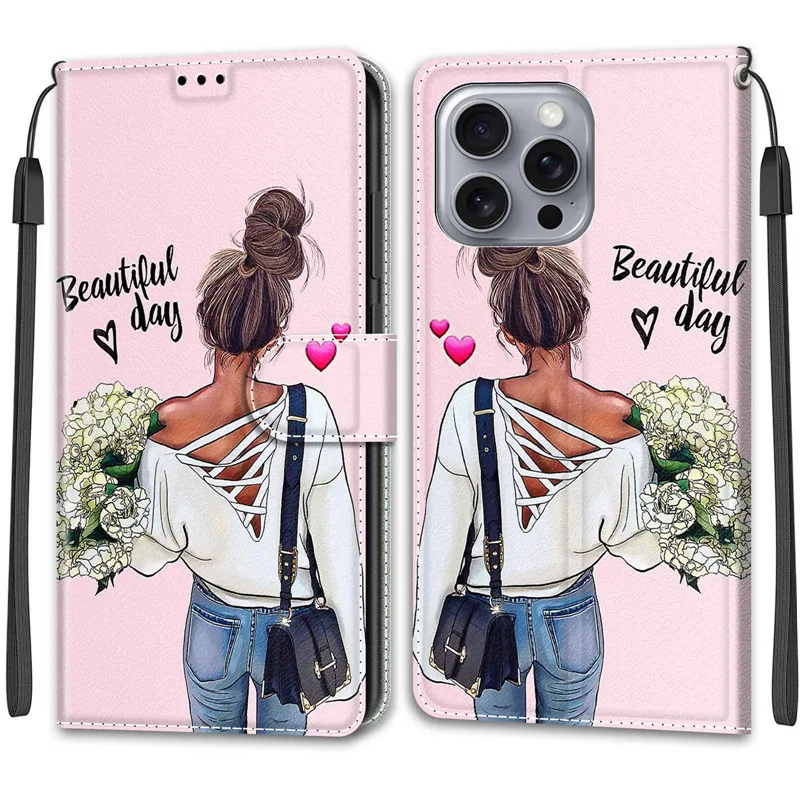 Flower Pattern Flip Case For iPhone 16 Pro Max 15 Plus Ultra 16Pro 16Plus 15Pro Wallet Leather Phone Cases Stand Book Cover Bags