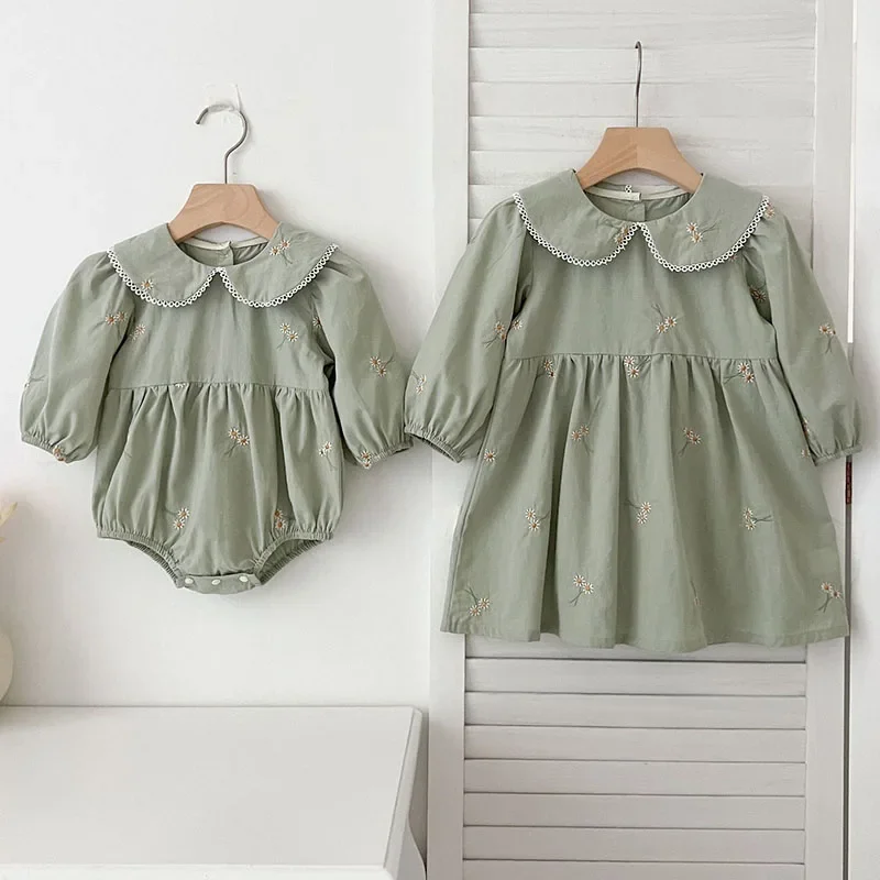 

2024 New Autumn Baby Girl Romper 2-6Yrs Girl Party Dress Long Sleeved Cotton Embroidery Kids Princess Dresses Sister Dress