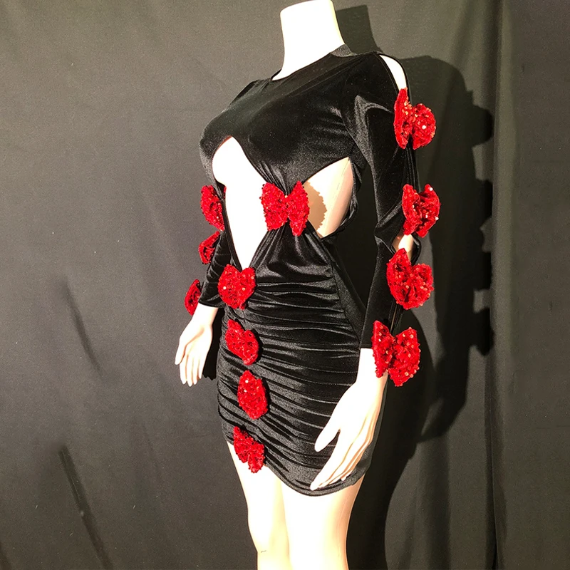 Robe de Soirée en Velours Noir à Paillettes Rouges pour Femme, Costume de Bal, Tenue de Spectacle sur Scène, XS7398