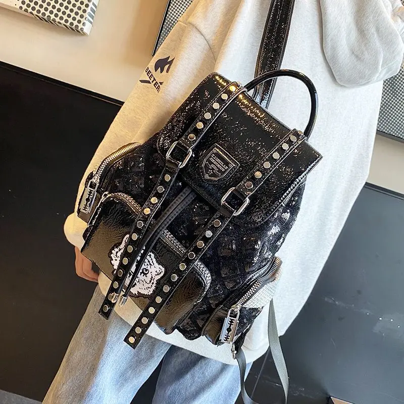 Sequined Backpack Women's New Personalized Fashion Versatile Rivets Advanced Embroidery Thread Foreign Style Travel Bag Simple