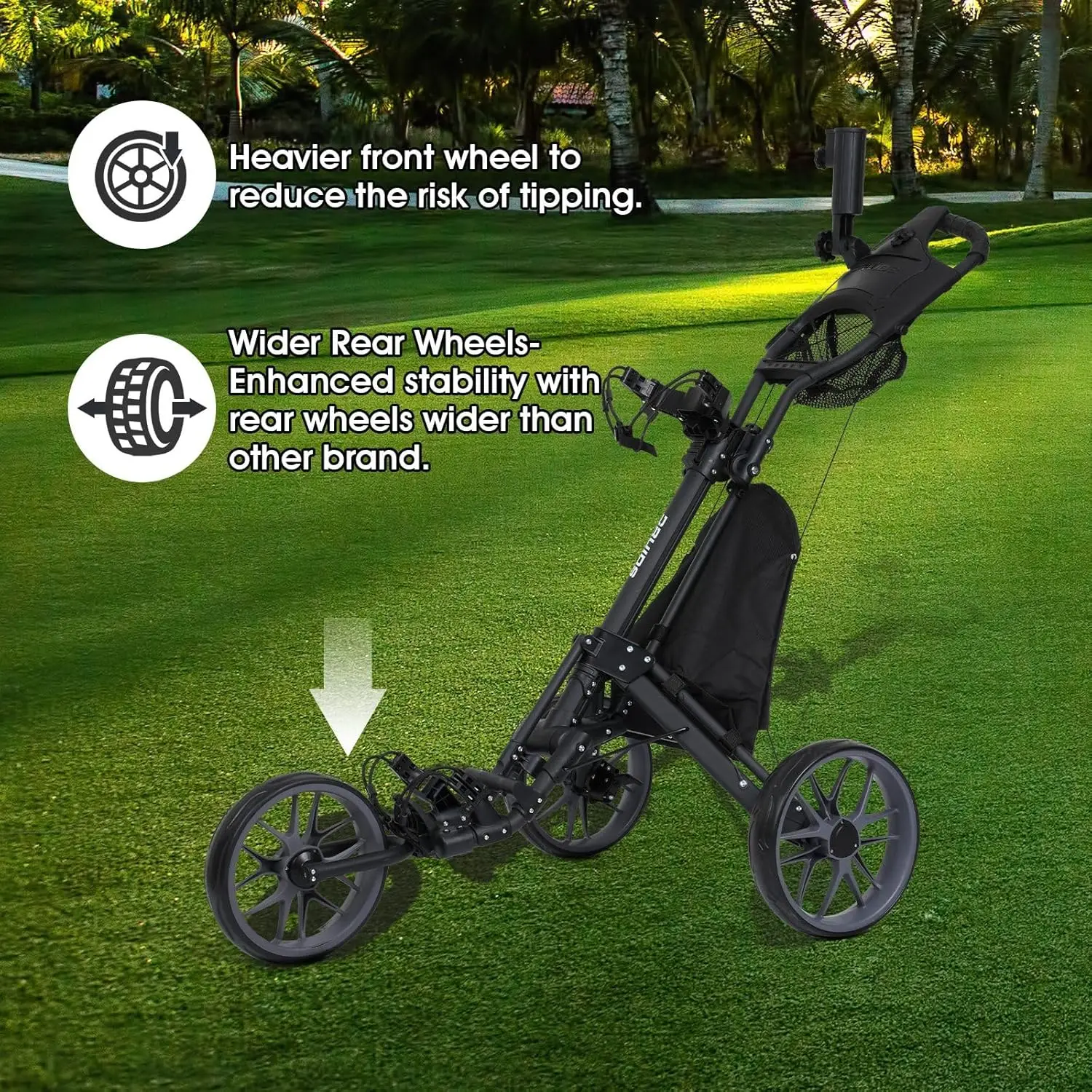 3 Wheels Golf Push Cart, Extra Wide Rear Wheel, No Tipping, Lightweight Easy to Fold Golf Pull Trolley, Adjustable Height