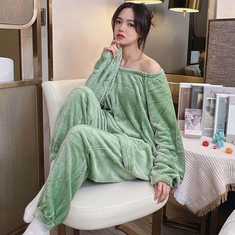 

Winter new women's pajamas flannel retractable round neck strapless green thickened coral fleece cute casual evening dress