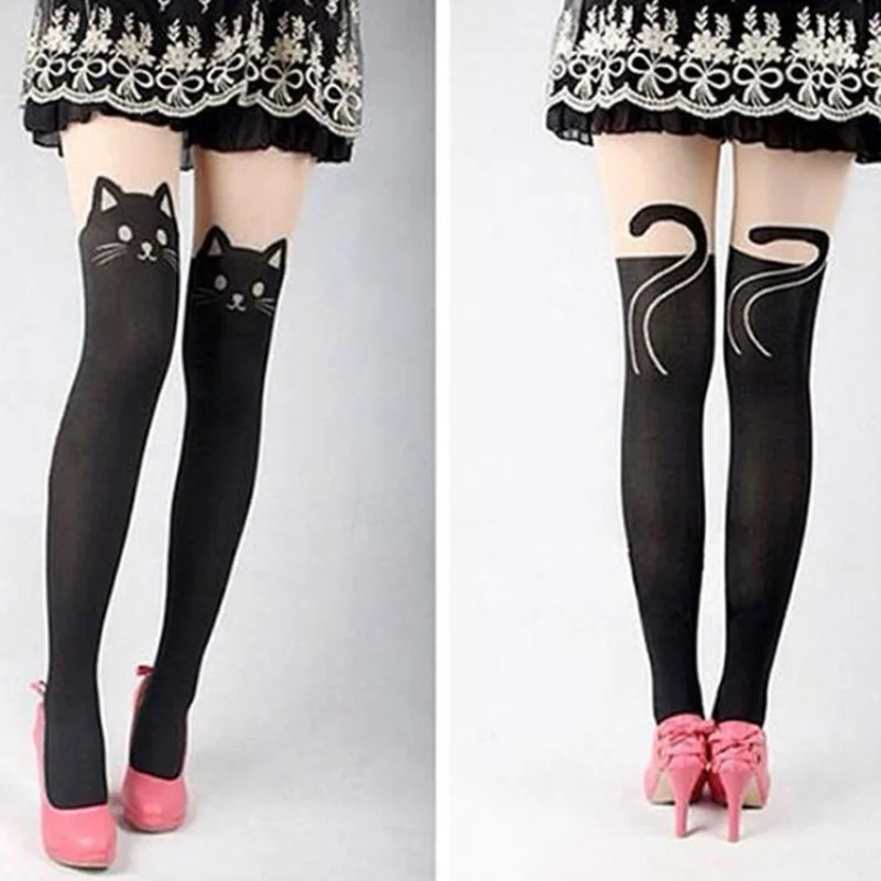 Kawaii Front Cat Ears Back Cat Tail Fake Thigh High Sheer Tights, Lolita Sweet Cute Women Cartoon Cat Pantyhose Daily Stockings