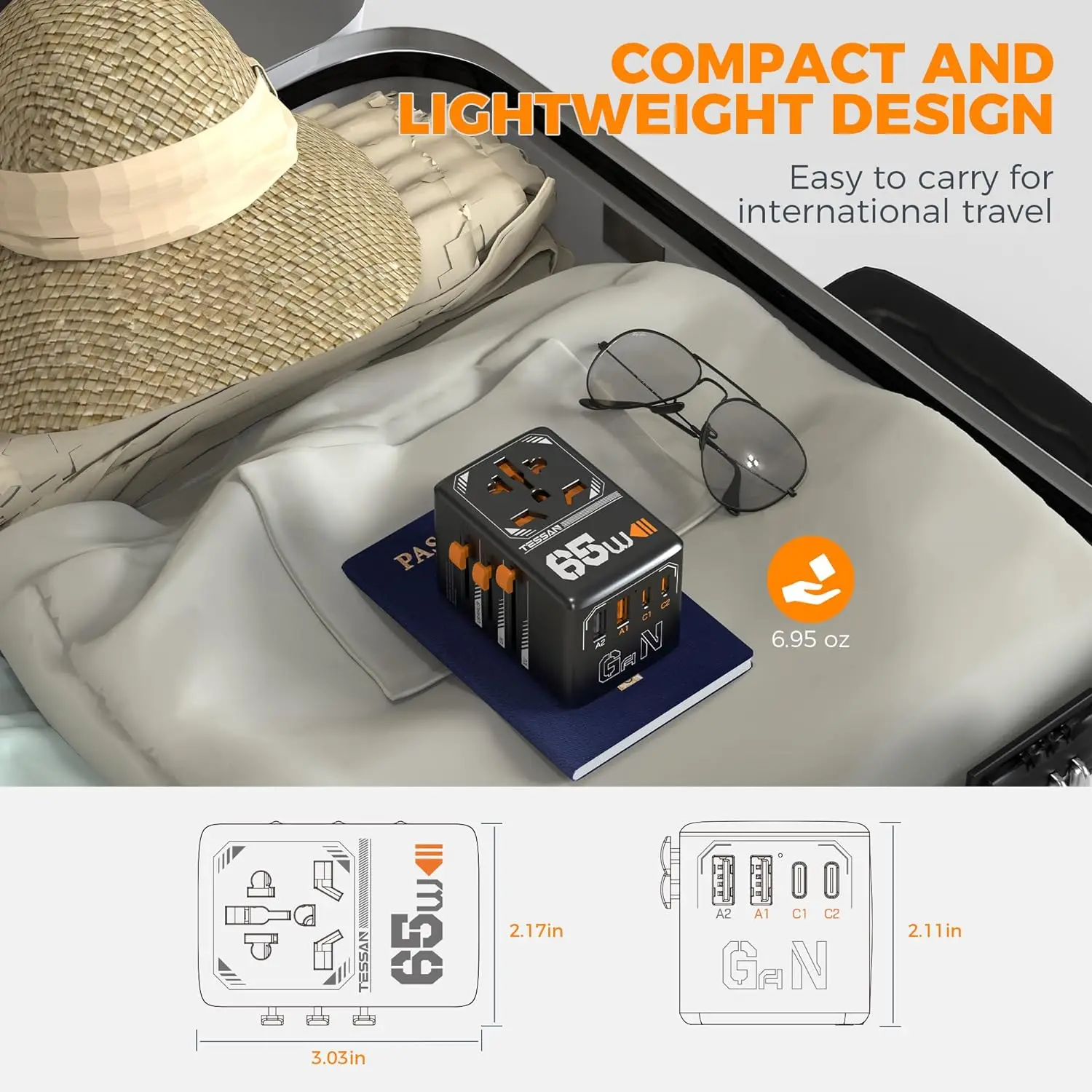 TESSAN 65W GaN International Plug Travel Adapter with USB Type C 140/100/35W Worldwide Universal Power Adapter EU/UK/US/AUS Plug