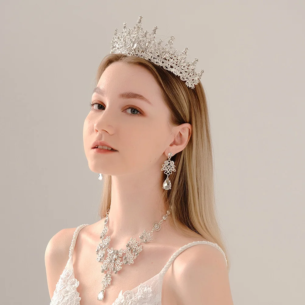 

Crown Tiara Bridal Necklace Earrings Set Shiny Alloy Jewelry Guest Women Headb Hair Accessories Wedding Party Metal