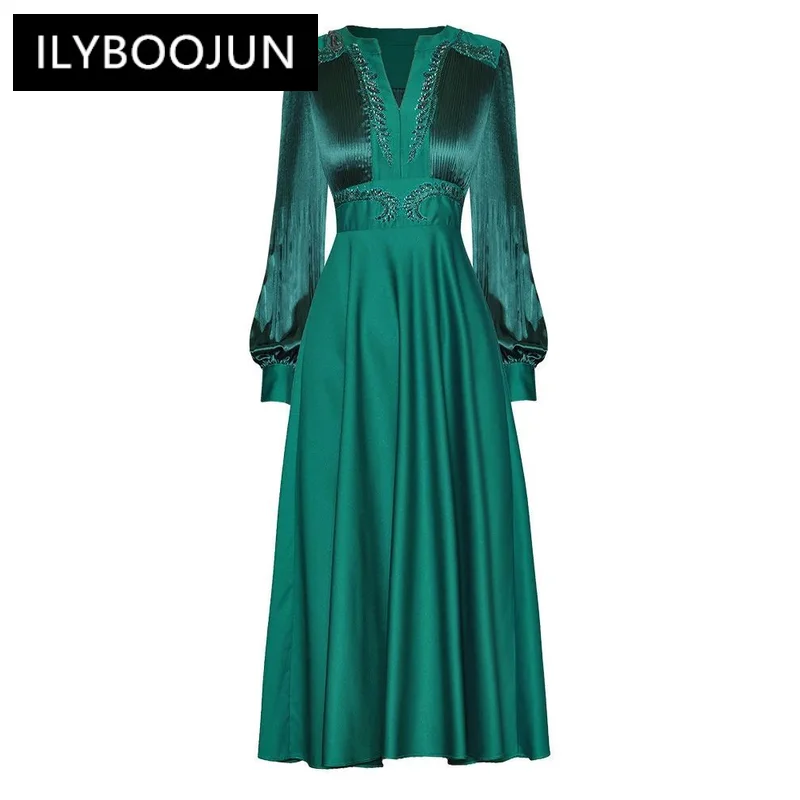 

ILYBOOJUN 2024 Summer High Qulity New Dress Women V Neck Lantern Sleeve Beading Ruched Design Princess Big Swing Midi Dresses