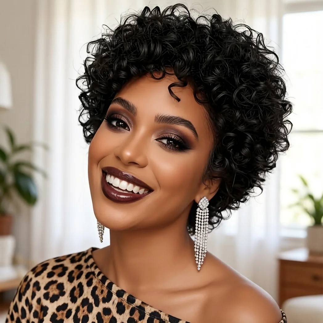 Human Hair Short Curly Pixie Wig for Women, Natural Curly full machine made Wig, Short Afro Human Hair Wig Natural Black