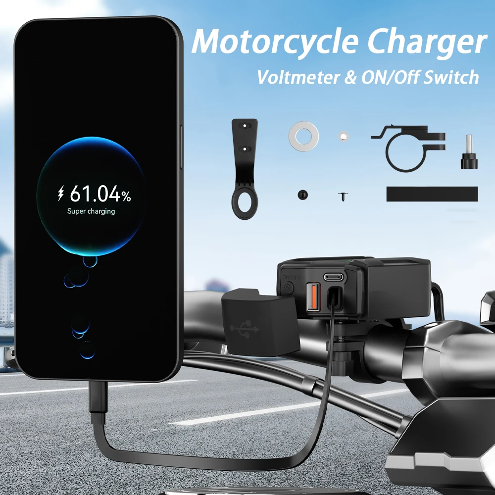 

Motorcycle Charger Moto Handlebar Type-C PD Charging Equipment with Voltmeter ON/Off Switch Motorcycle Electronics Accessories