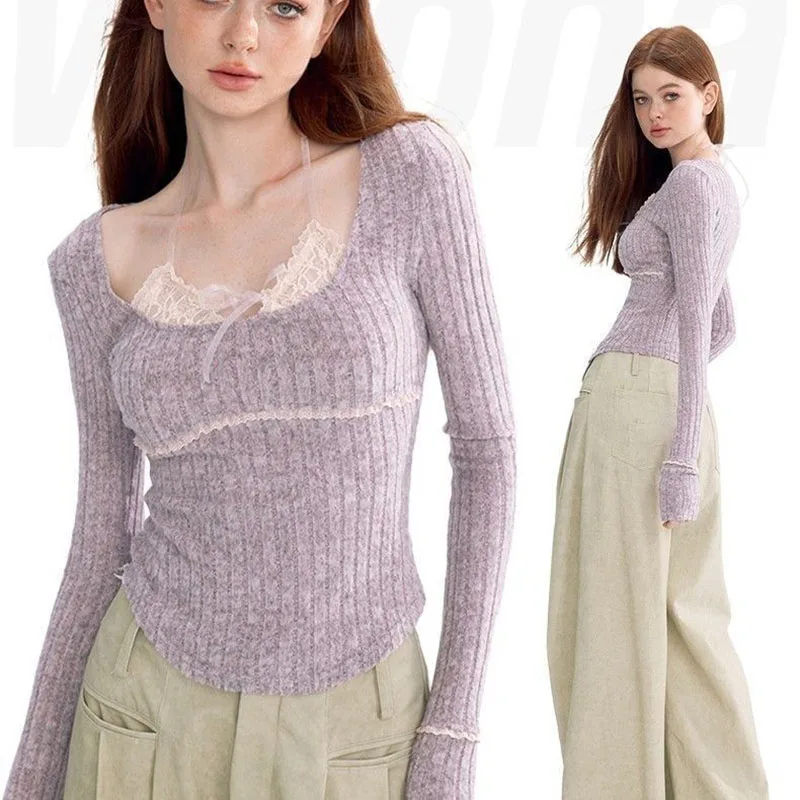 Knitted Tops Women Sweet Lace Patchwork Halter Slim Fit Short Sweater Autumn Vintage Long Sleeve Y2k Aesthetic Pullover