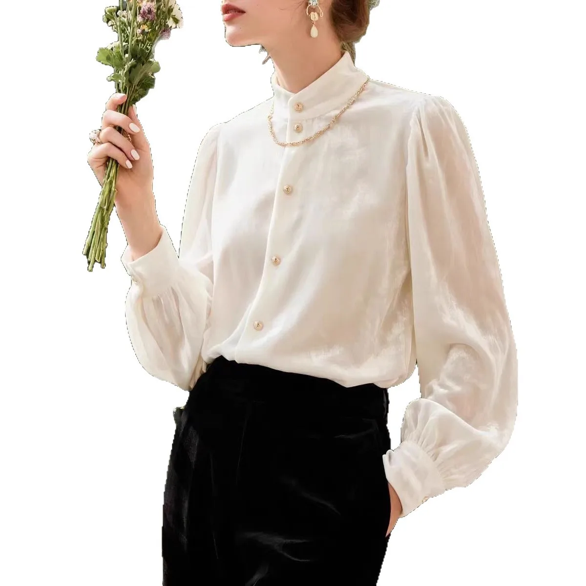 Womens Shirt Spring and Autumn Korean Version Stand Up Collar Velvet Shirt Daily Casual Simple Temperament Versatile