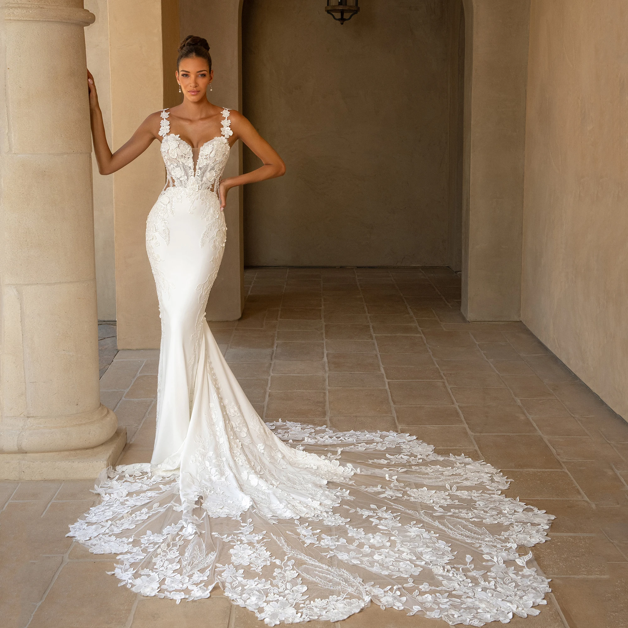 

Vestido De Novia Wedding Dress Mermaid Customized Off Shoulder V Neck Applique Illusion Back Buttons Sweep Train Bridal Gowns