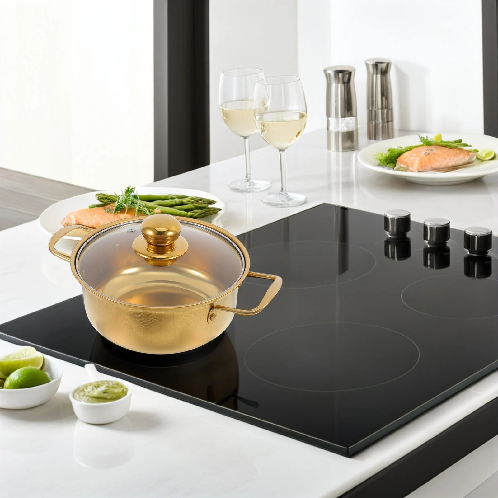 

Golden Stainless Steel Soup Pot Small Double Handle Glass Lid Cooking Induction Korean Ramen Noodle Pot Cooking Pots