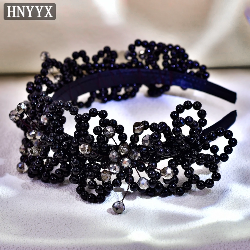 HNYYX High Quality Black Crystal Beaded Headband Woman Banquet Pearls Hair Hoops Fashion Jewelry  Hair Jewelry A15