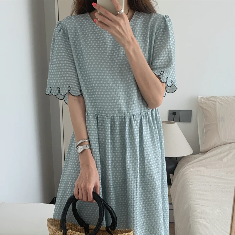 Women\'s Summer Vintage Long Gingham Belt Dress Puff Sleeve High Waist Elegant Loose Midi Scalloped Sundress