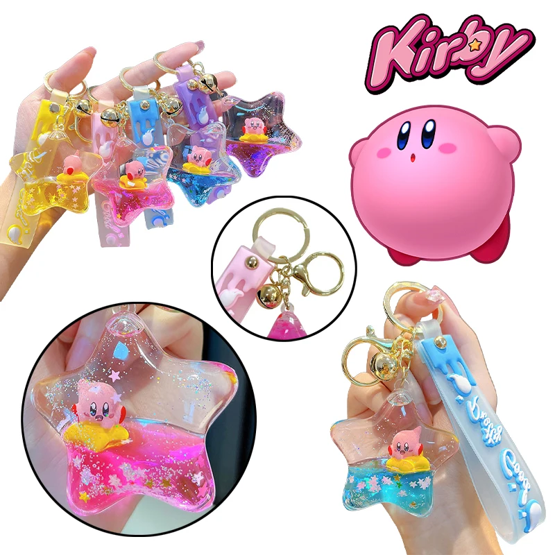 Kirby Cartoon Star Keychain Women Anime Figure Quicksand Bottle Funny Bag Decoration Pendant Car Keyring Decor Kids Toys Gift