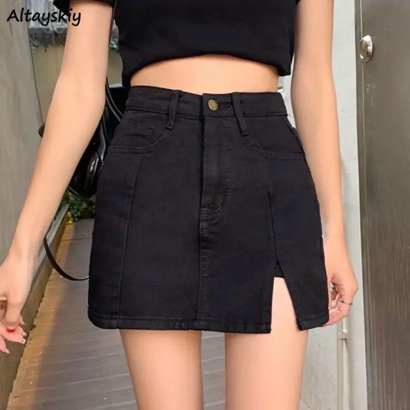 

Mini Skirts Women Casual Hotsweet Slit Summer Popular Korean Style Female Empire Elegant Charming Mature Denim Sexy Simple Slim