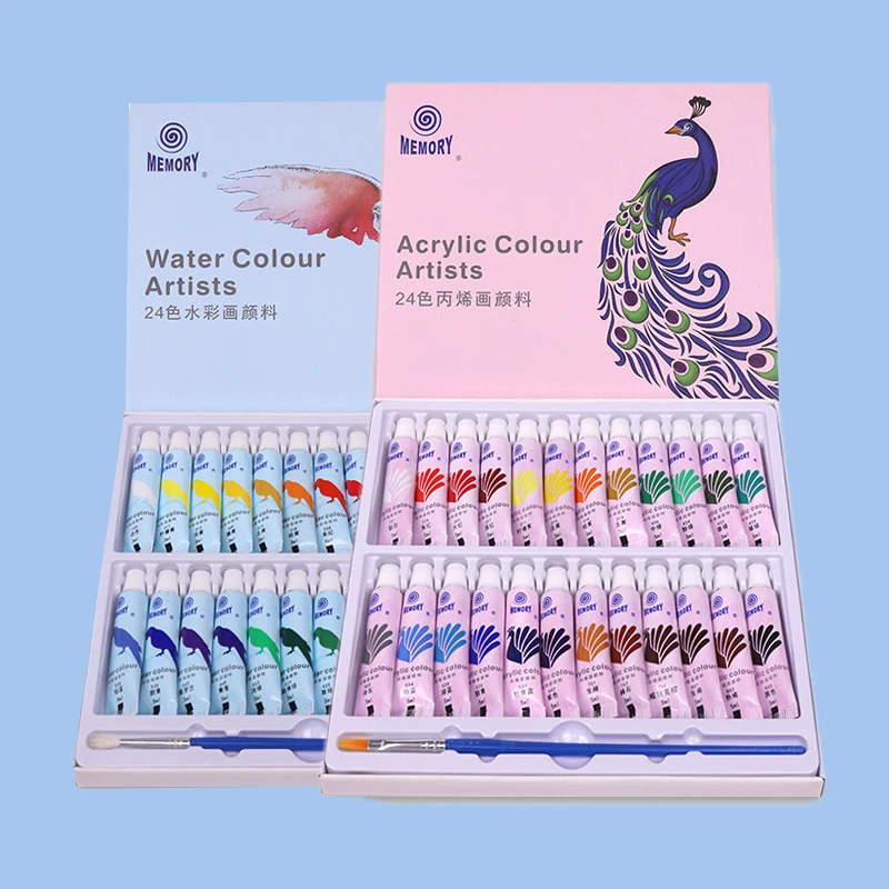 Acrylic Paint & Watercolor Set With Brush 12/24 Colors Pigment 5ml Kids Painting Kit For Beginner Students