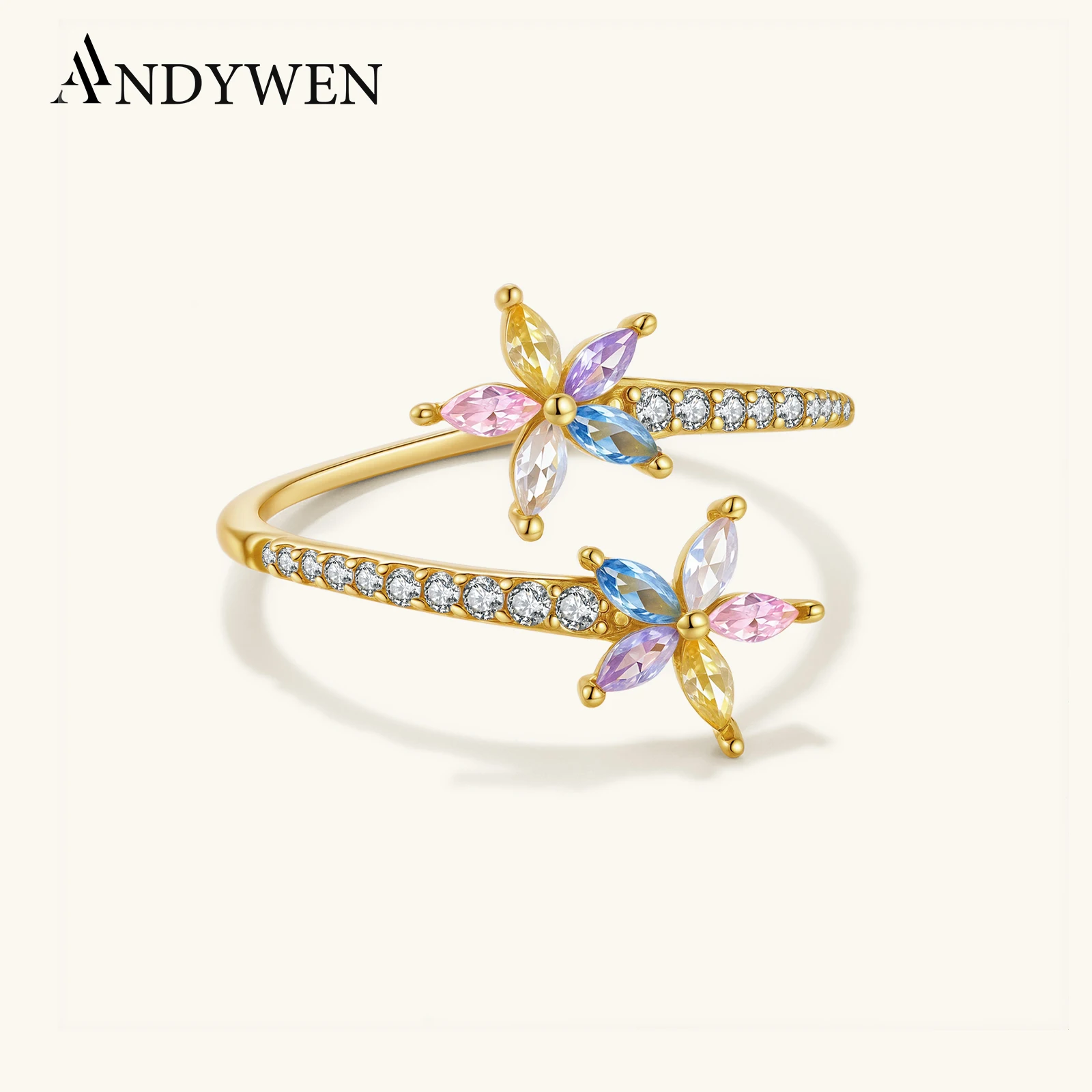 

ANDYWEN открытое кольцо из стерлингового серебра 925 пробы с цветочным принтом и разноцветным цирконом MarquIse CZ, милый женский подарок для свиданий и повседневного ношения