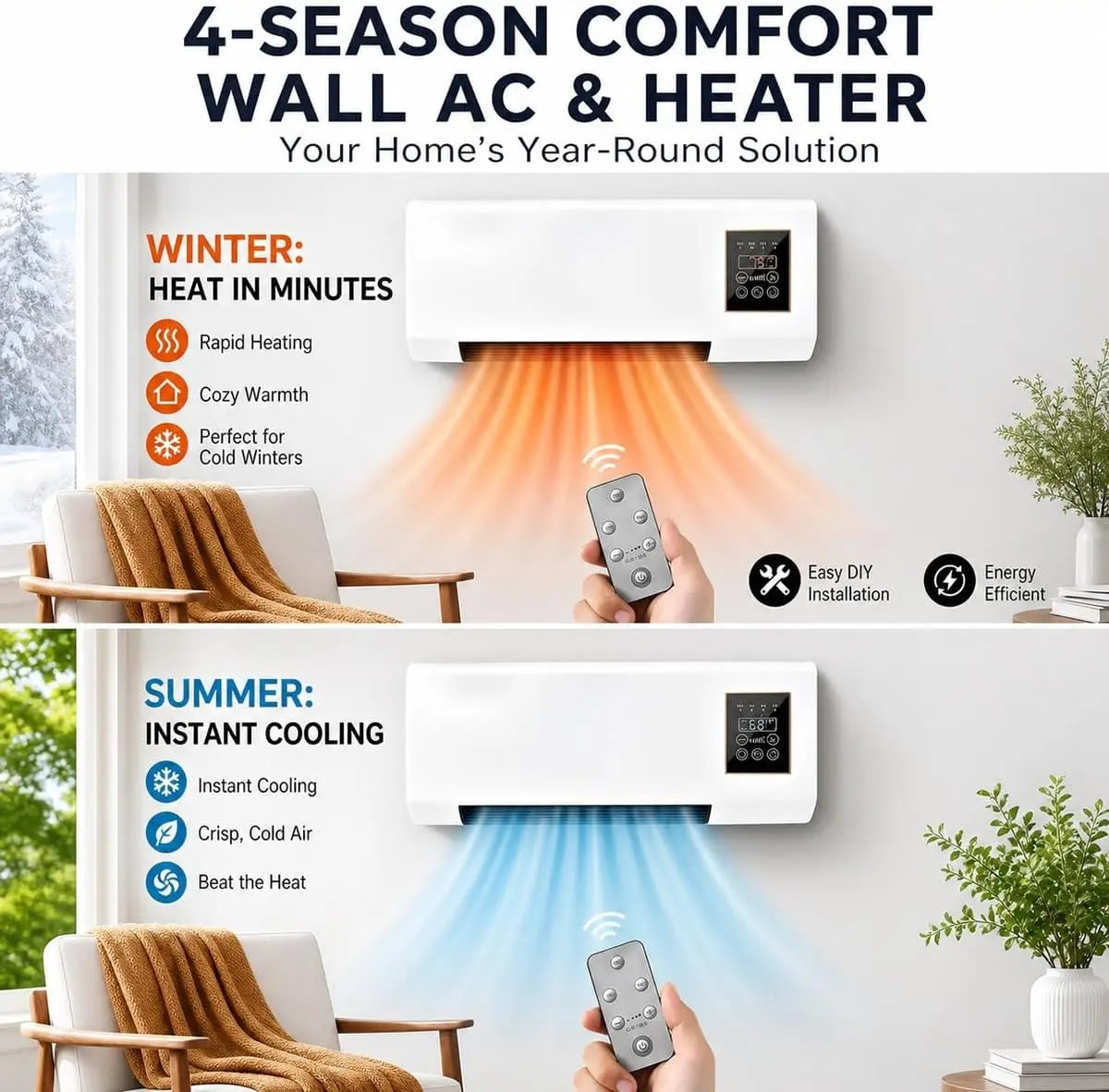 Portable Wall Mounted Air Conditioner Fan, 2-in-1 Cooling Air Conditioner and Heater Combo, Quiet Smart AC Unit with Remote & Timer for Bedroom, Garage, Basement, Office(White)