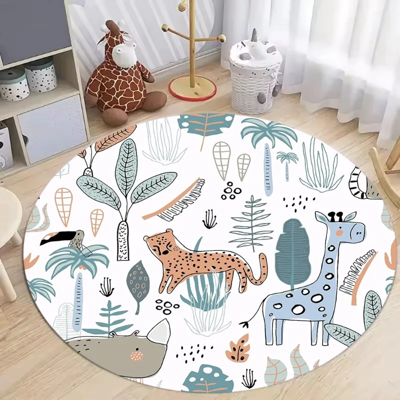

Cartoon Jungle Animal Round Rug Soft Non-slip Floor Mat Cute Animals Print Home Decor Circular Carpet for Living Room Bedroom