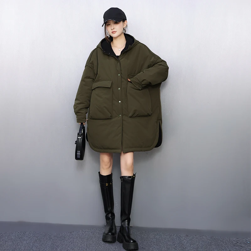 

SuperAen Korean Style 2026 Winter New Women's Cotton-padded Jackets Vintage Green Hooded Fashion Loose Waist Coats