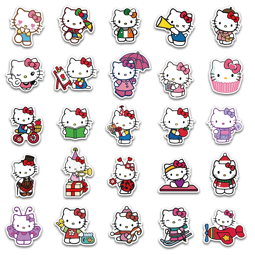 Olá Kitty Anime Adesivos para Meninas, Adesivos bonitos, Trolley Case, Guitarra, Skate, Pele do laptop, Brinquedos, 25 Pcs, 50Pcs