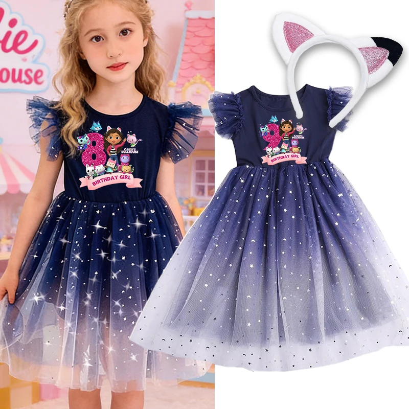 

Gabby Dollhouses Kid Dresses Hairband Hair Accessories for Girls Party Cosplay Sequins Costume Princess Dress Baby Daily Clothes