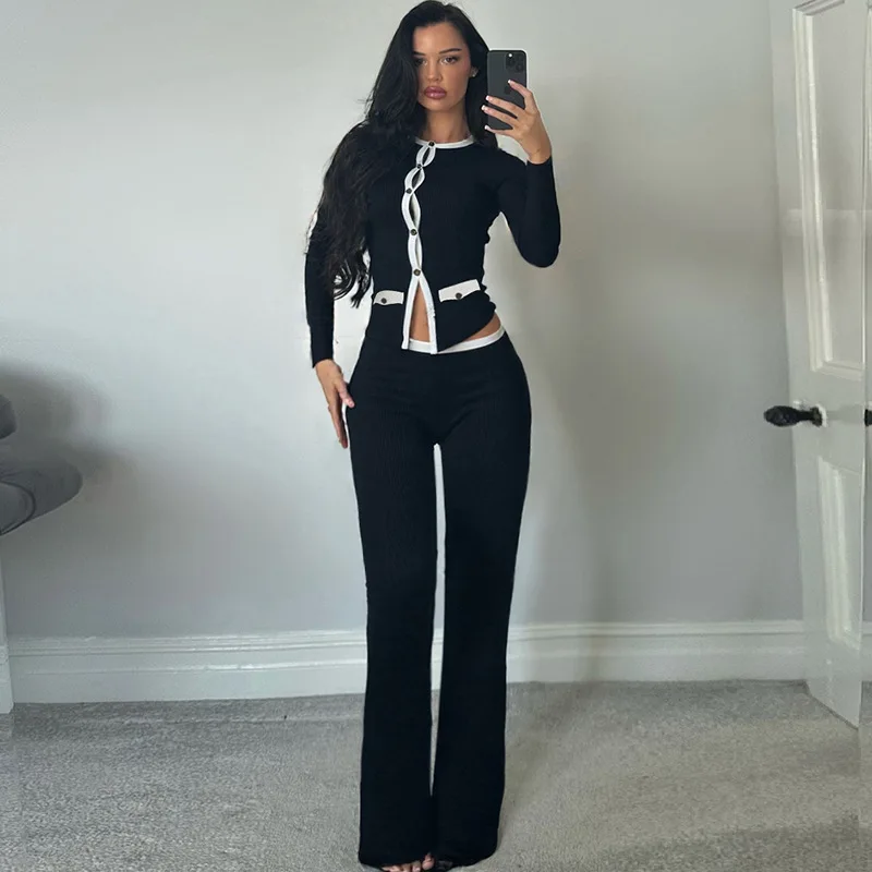 

Elegant Ribbed Women 2 Piece Set Long Sleeve Button Up Shirts Flare Pant Matching Set 2025 Autumn Streetwear Office Lady Outfits